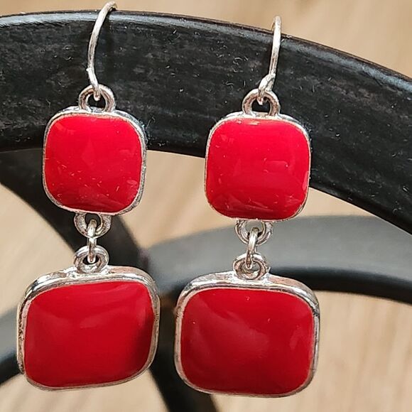 💜Red & Silver Plated Square Necklace & Dangling Earrings - Picture 12 of 16